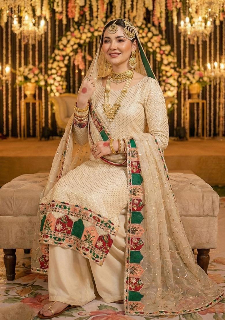 Beige Embroidery Georgette Pakistani Suit Set - Indya