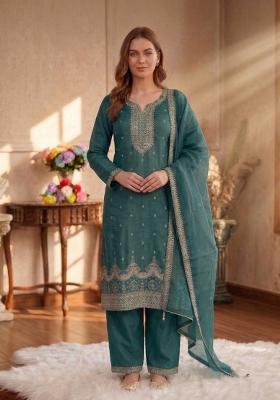 Teal Green Embroidery Silk Salwar Kameez