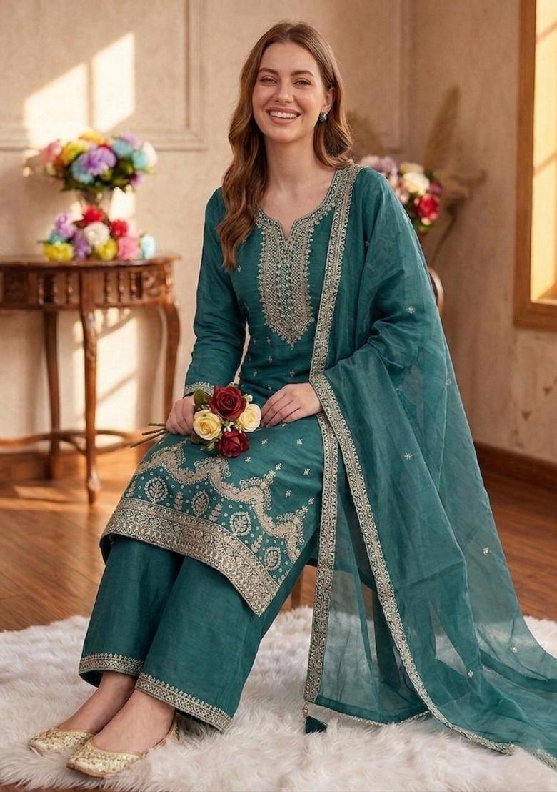 Teal Green Embroidery Silk Salwar Kameez - Indya