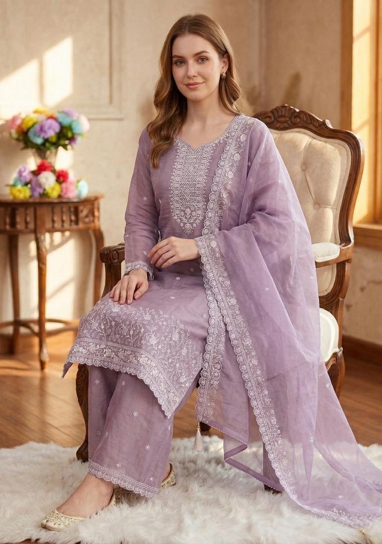 Lavender Embroidery Silk Salwar Kameez - Indya