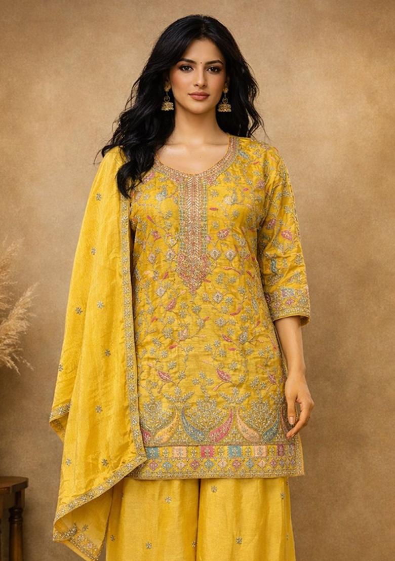 Yellow Embroidery Silk Salwar Kameez - Indya