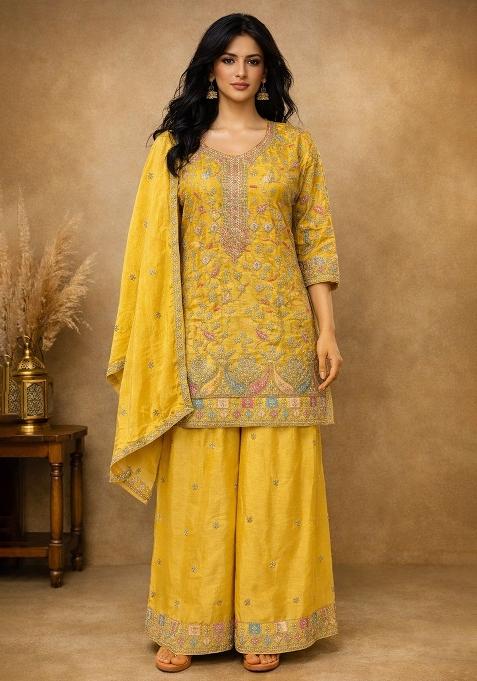 Yellow Embroidery Silk Salwar Kameez — view on Indya