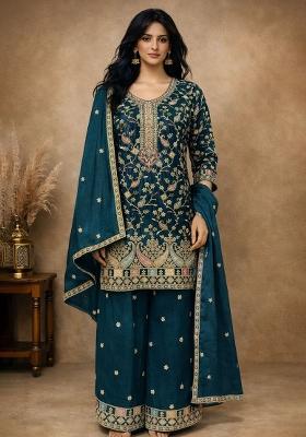 Teal Blue Embroidery Silk Salwar Kameez