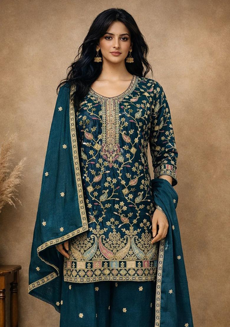 Teal Blue Embroidery Silk Salwar Kameez - Indya