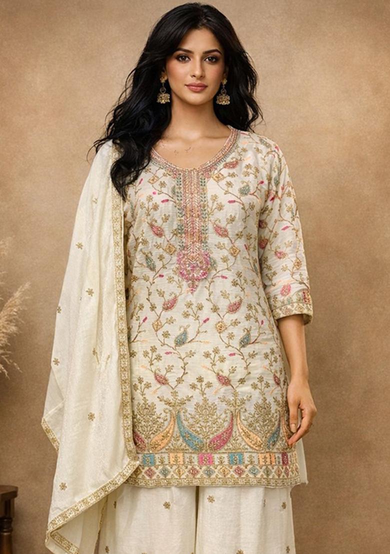 White Embroidery Silk Salwar Kameez - Indya