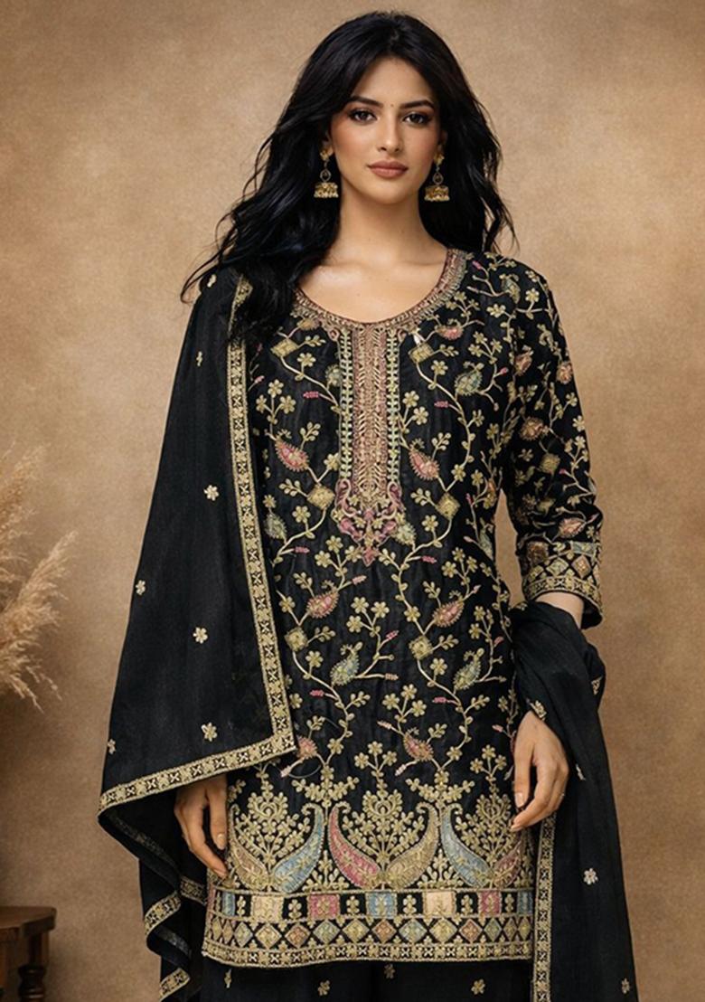 Black Embroidery Silk Salwar Kameez - Indya