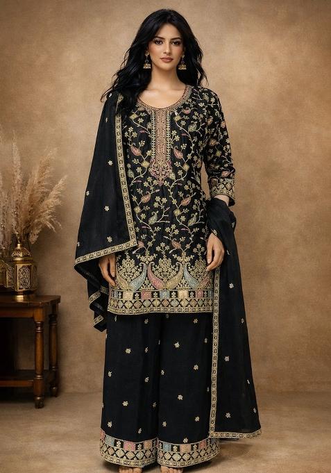 Black Embroidery Silk Salwar Kameez — view on Indya