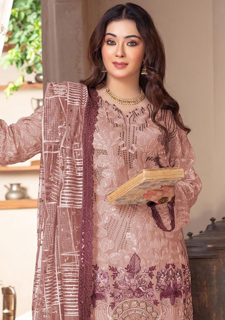 Brown Embroidery Chiffon Pakistani Suit Set - Indya