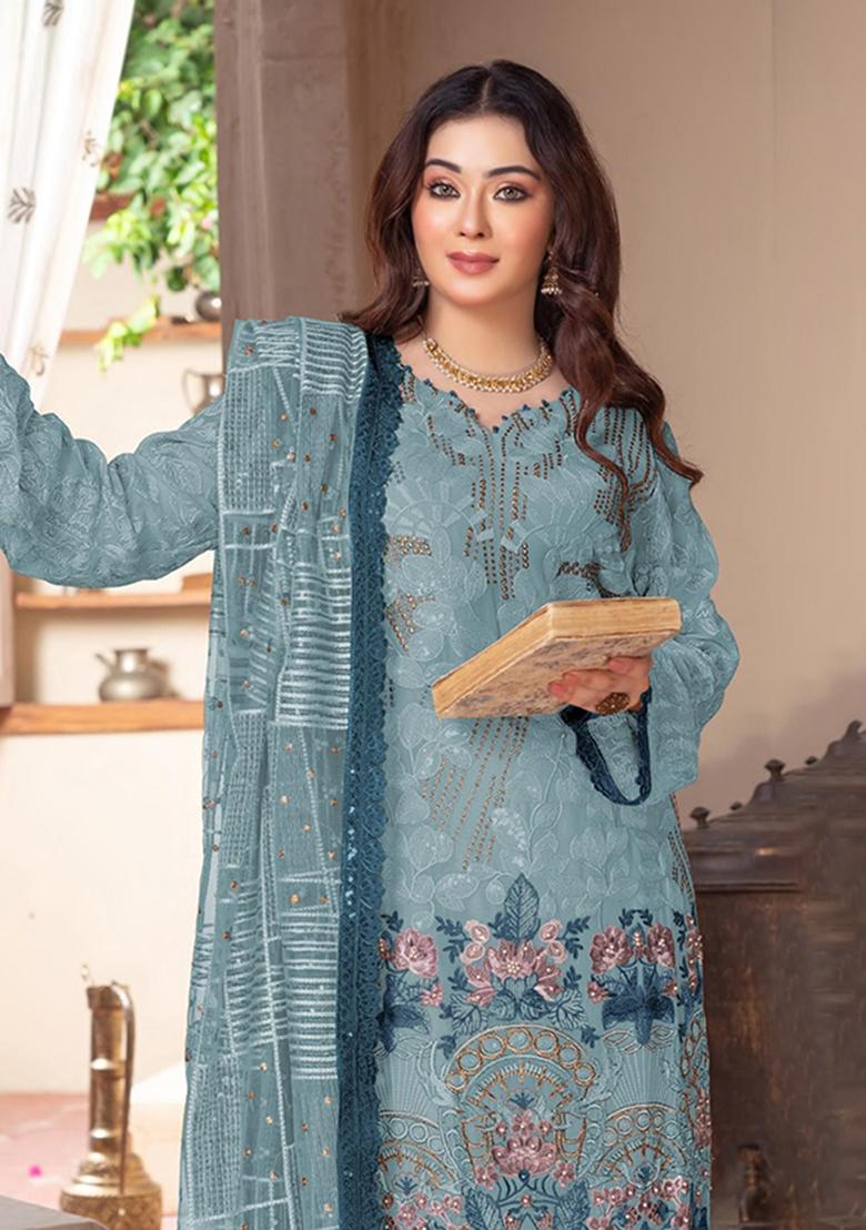 Blue Embroidery Chiffon Pakistani Suit Set - Indya