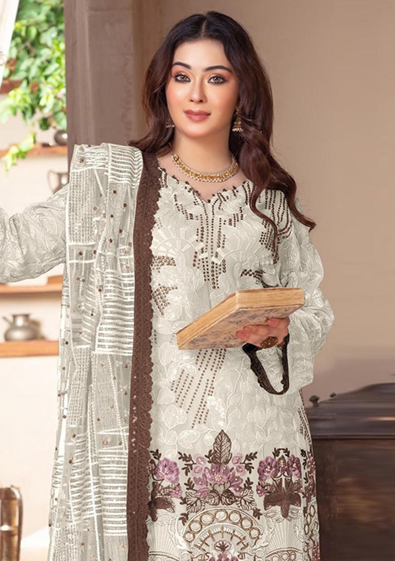 White Embroidery Chiffon Pakistani Suit Set - Indya