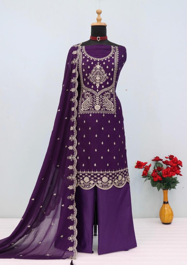 Purple Embroidery Silk Salwar Kameez - Indya