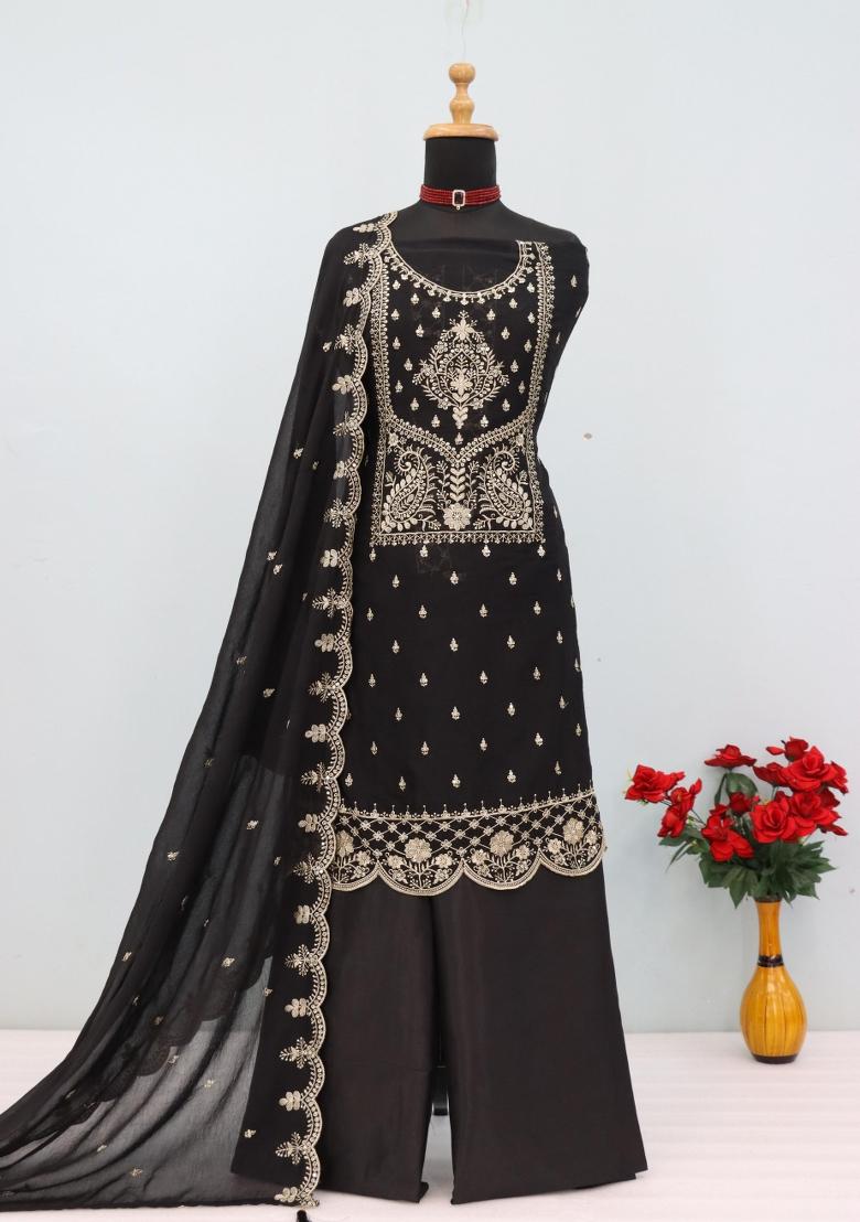 Black Embroidery Silk Salwar Kameez - Indya
