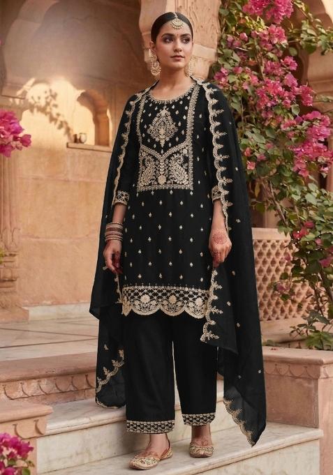 Black Embroidery Silk Salwar Kameez — view on Indya