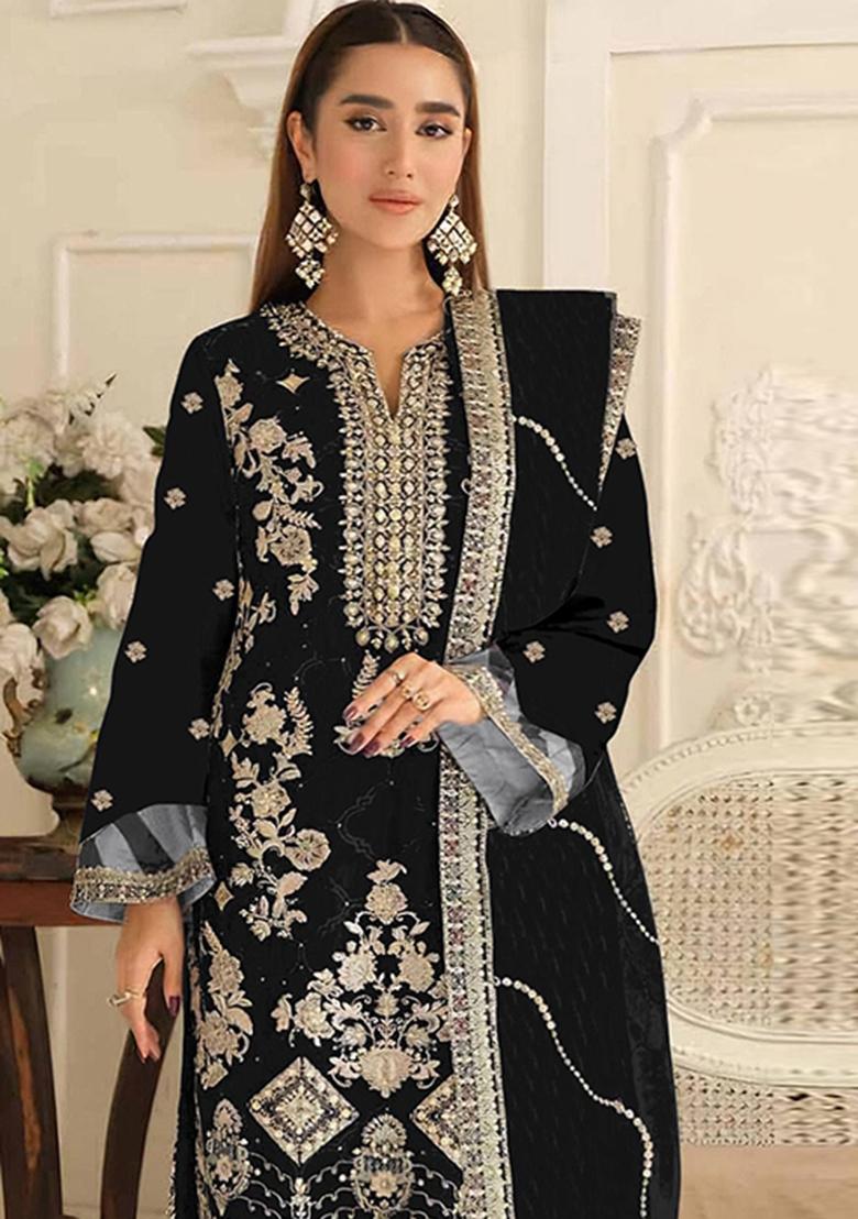 Black Embroidery Silk Pakistani Suit Set - Indya