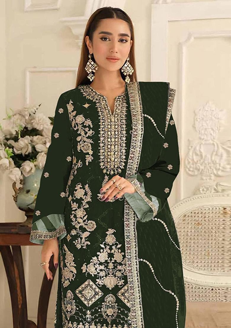 Dark Green Embroidery Silk Pakistani Suit Set - Indya
