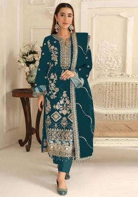 Teal Blue Embroidery Silk Pakistani Suit Set