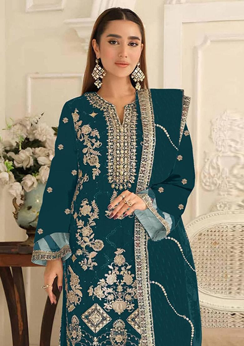 Teal Blue Embroidery Silk Pakistani Suit Set - Indya
