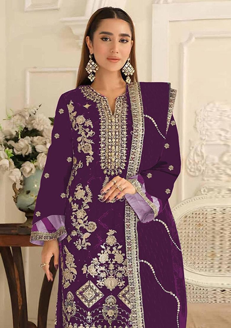 Purple Embroidery Silk Pakistani Suit Set - Indya
