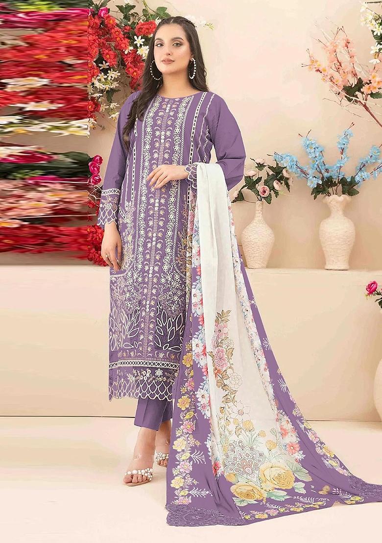 Purple Embroidery Cambric Pakistani Suit Set - Indya