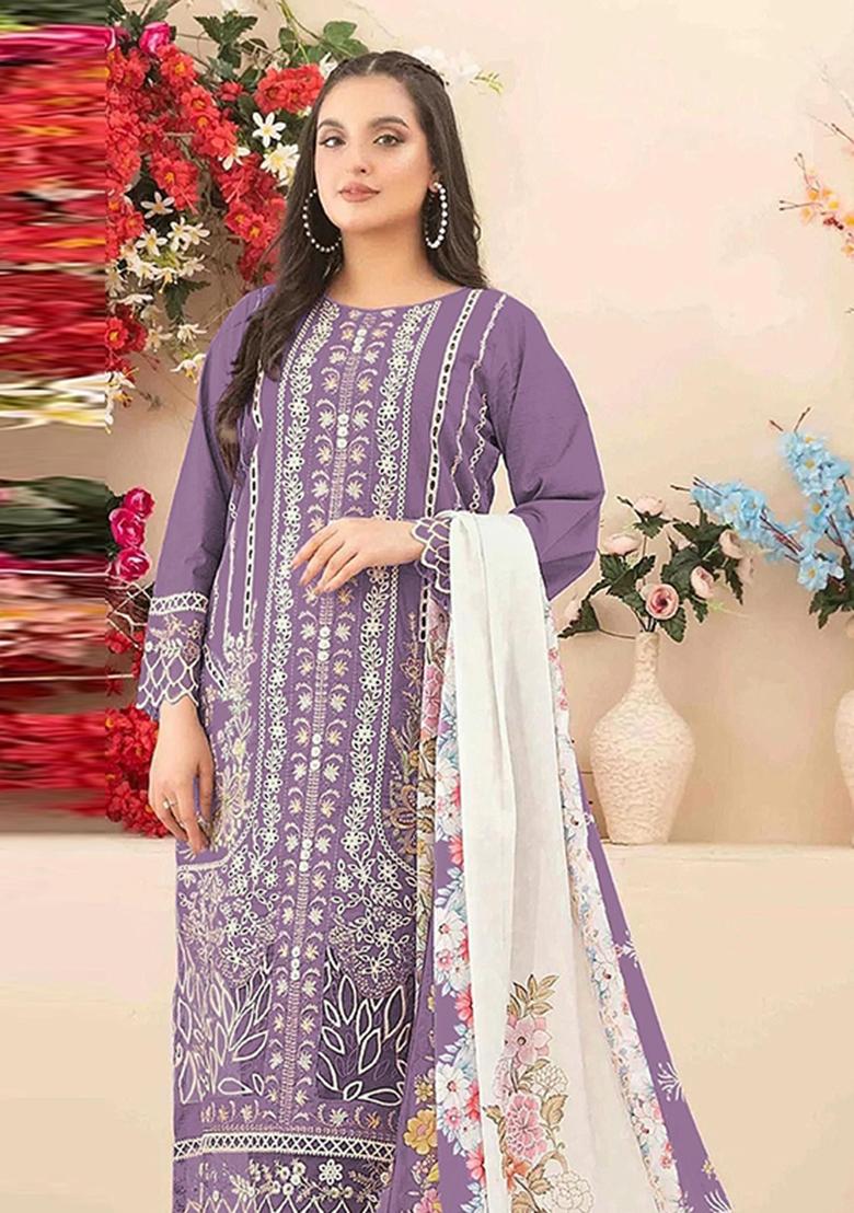 Purple Embroidery Cambric Pakistani Suit Set - Indya