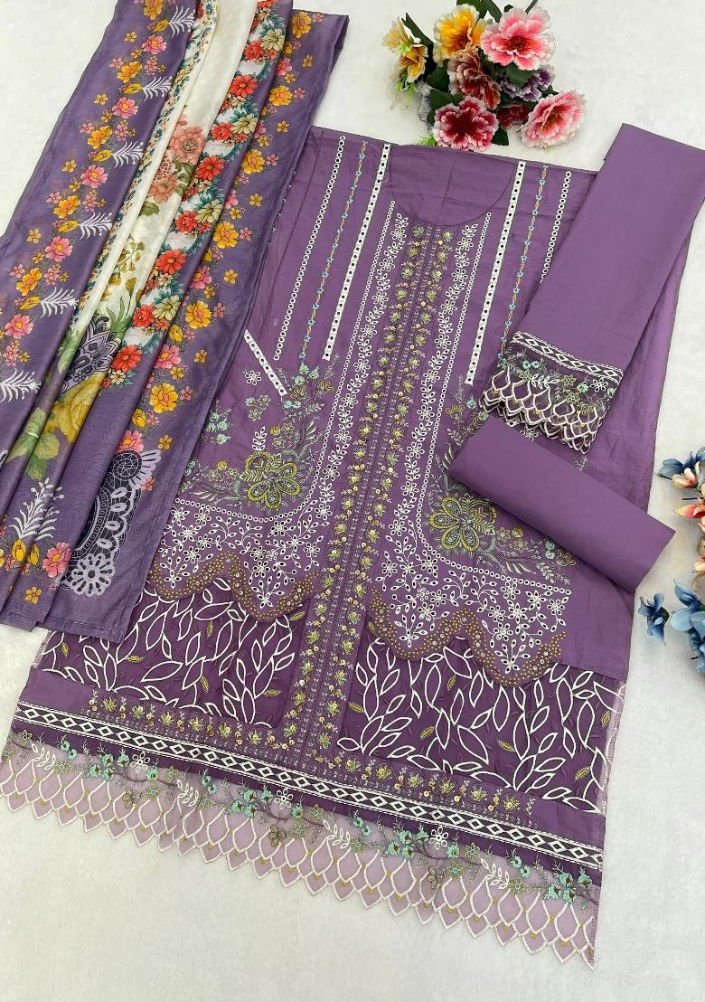 Purple Embroidery Cambric Pakistani Suit Set - Indya