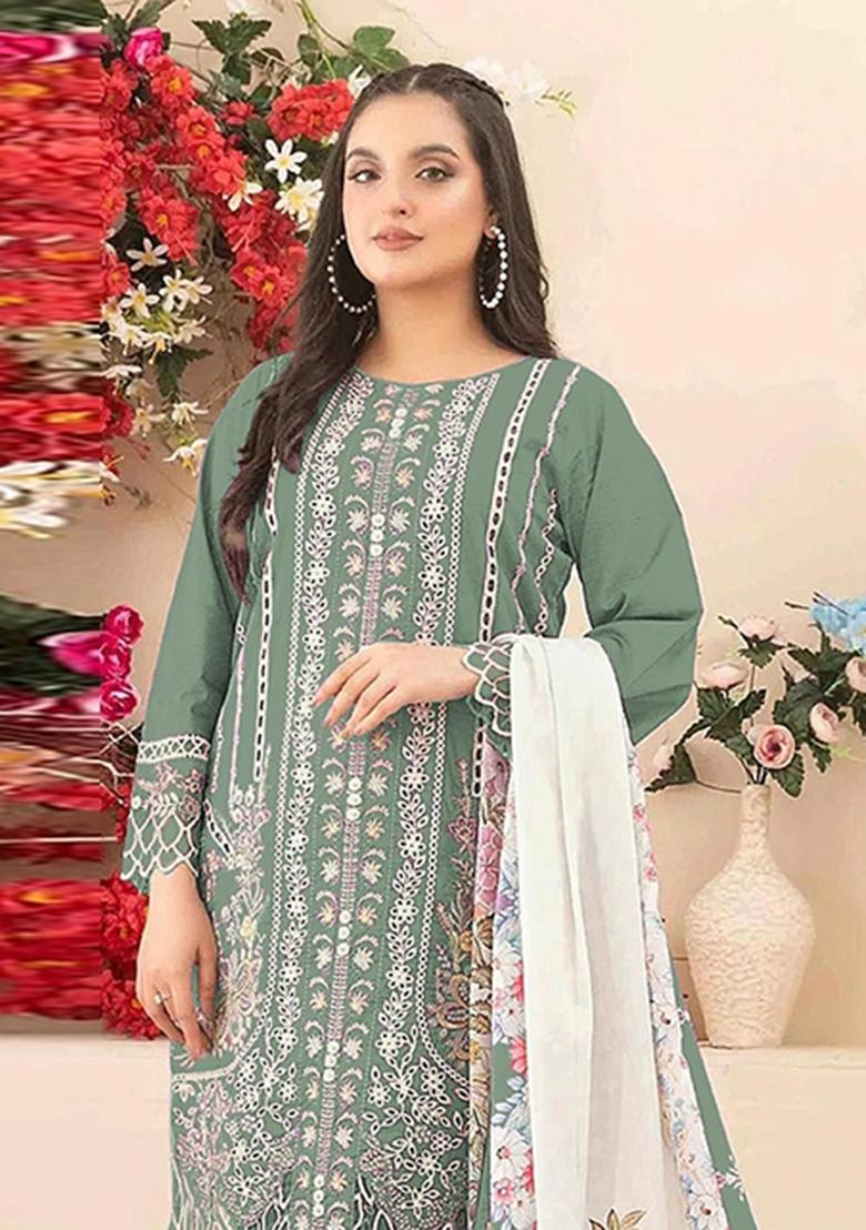 Sea Green Embroidery Cambric Pakistani Suit Set - Indya