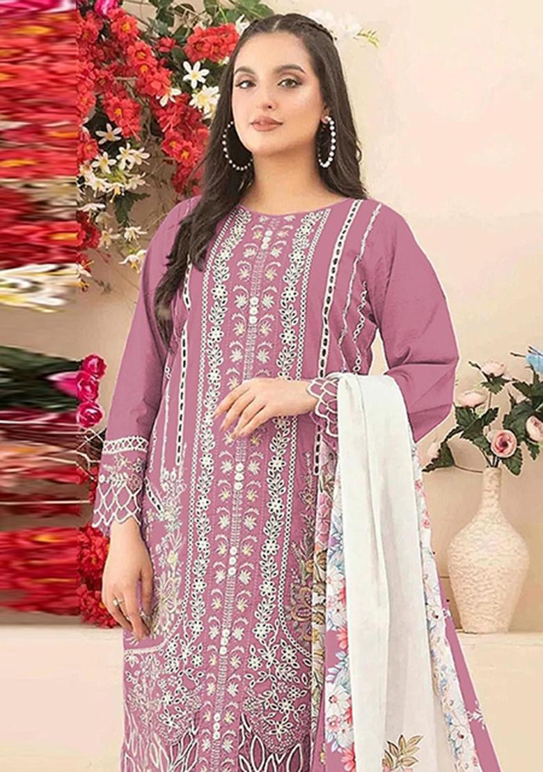 Pink Embroidery Cambric Pakistani Suit Set - Indya