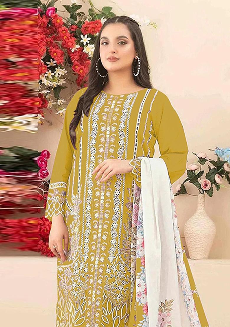 Yellow Embroidery Cambric Pakistani Suit Set - Indya