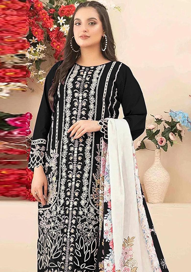 Black Embroidery Cambric Pakistani Suit Set - Indya