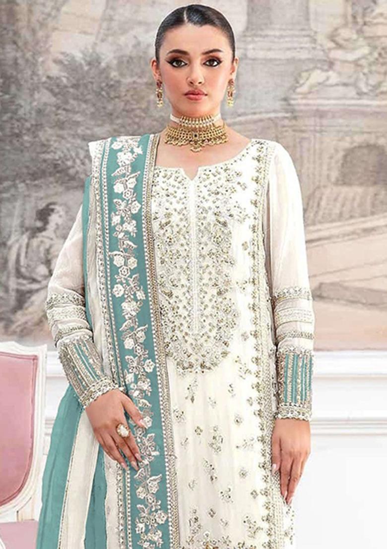White Embroidery Silk Pakistani Suit Set - Indya