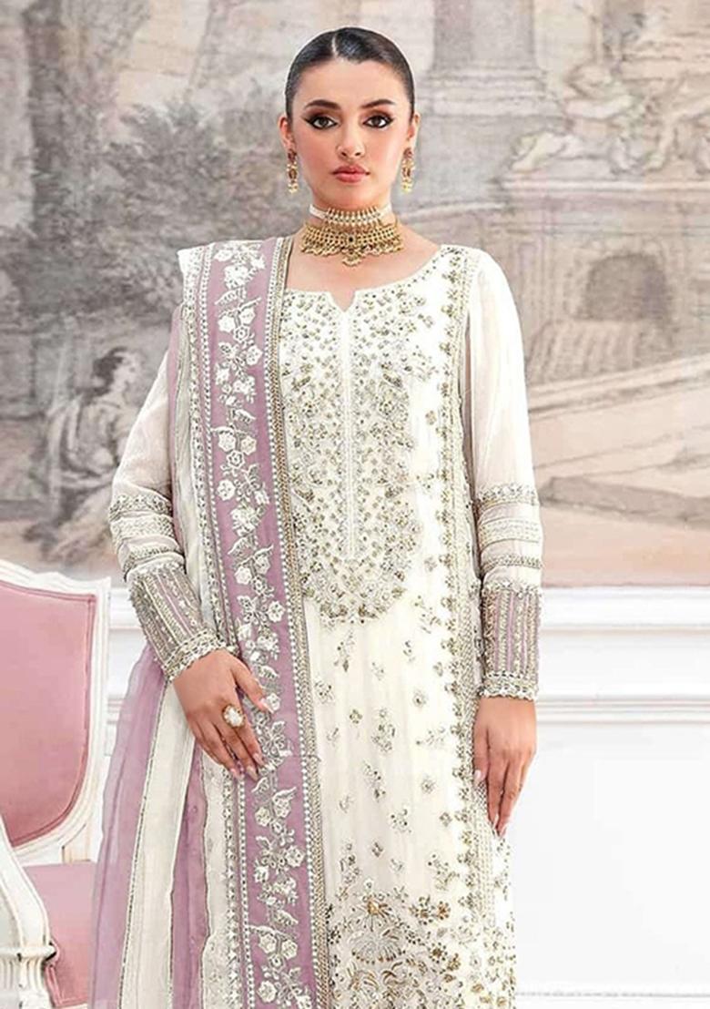 White Embroidery Silk Pakistani Suit Set - Indya