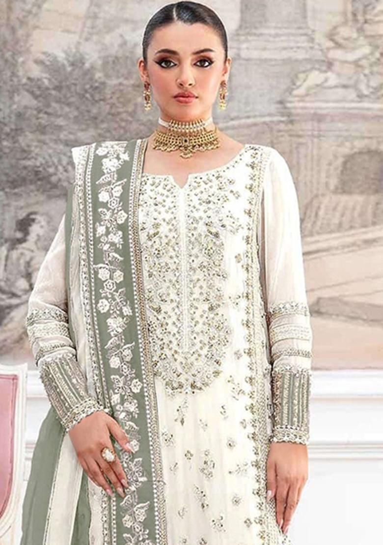 White Embroidery Silk Pakistani Suit Set - Indya