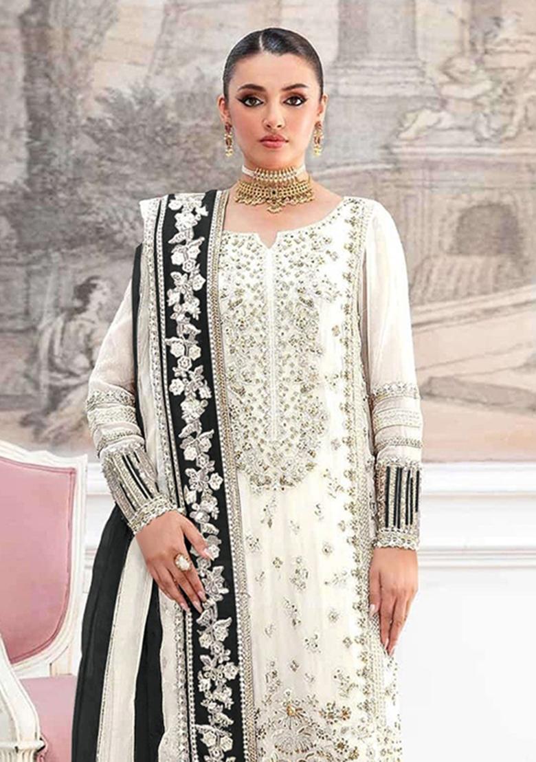 White Embroidery Silk Pakistani Suit Set - Indya