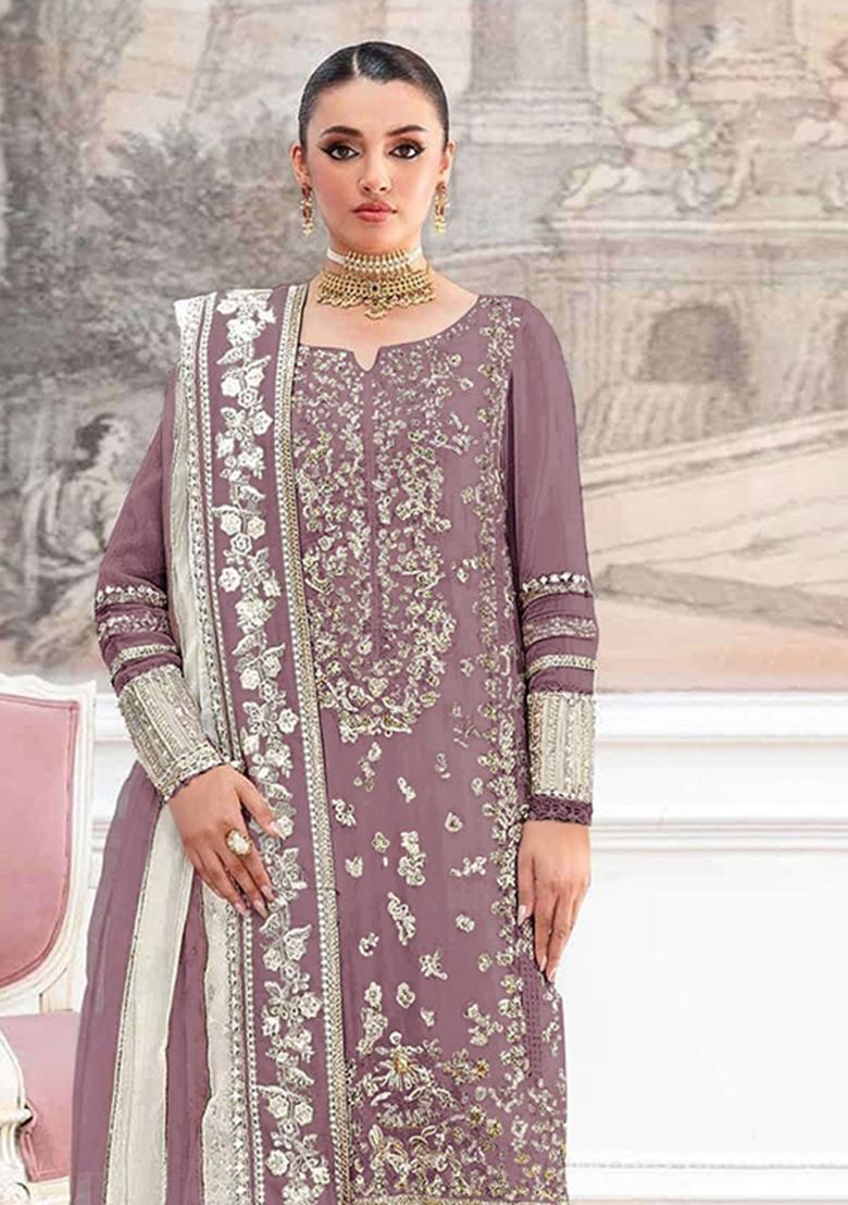 Brown Embroidery Silk Pakistani Suit Set - Indya