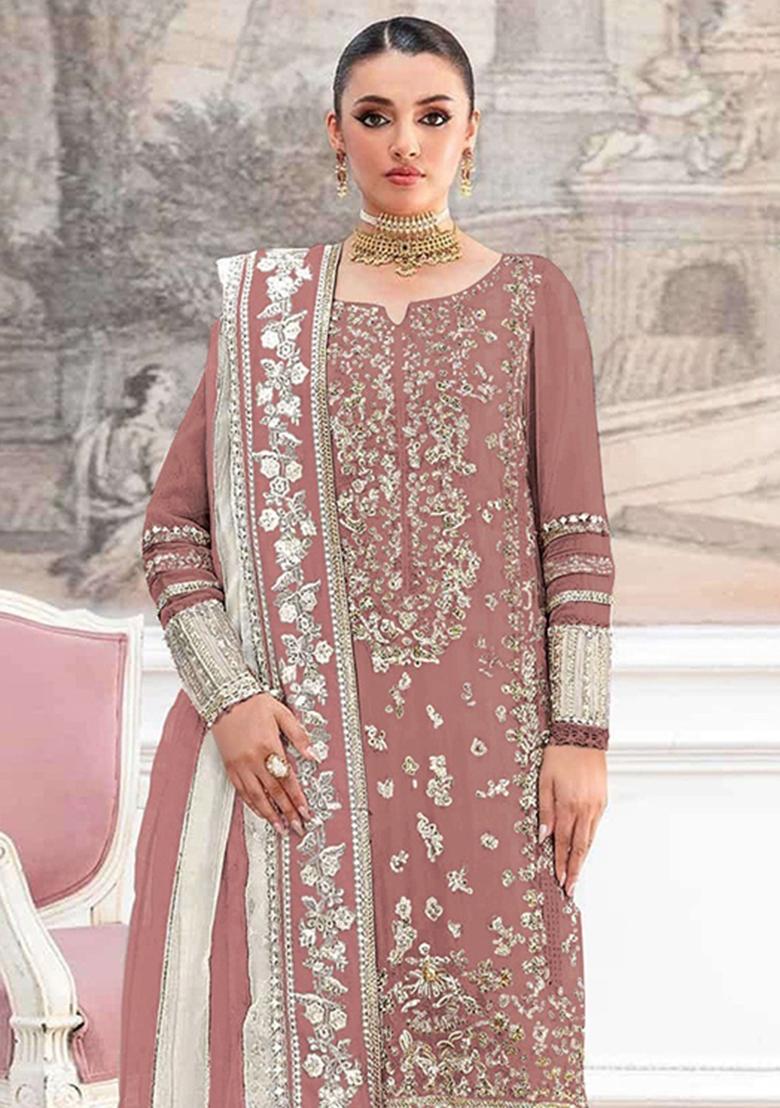 Peach Embroidery Silk Pakistani Suit Set - Indya