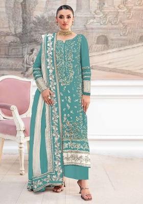 Blue Embroidery Silk Pakistani Suit Set