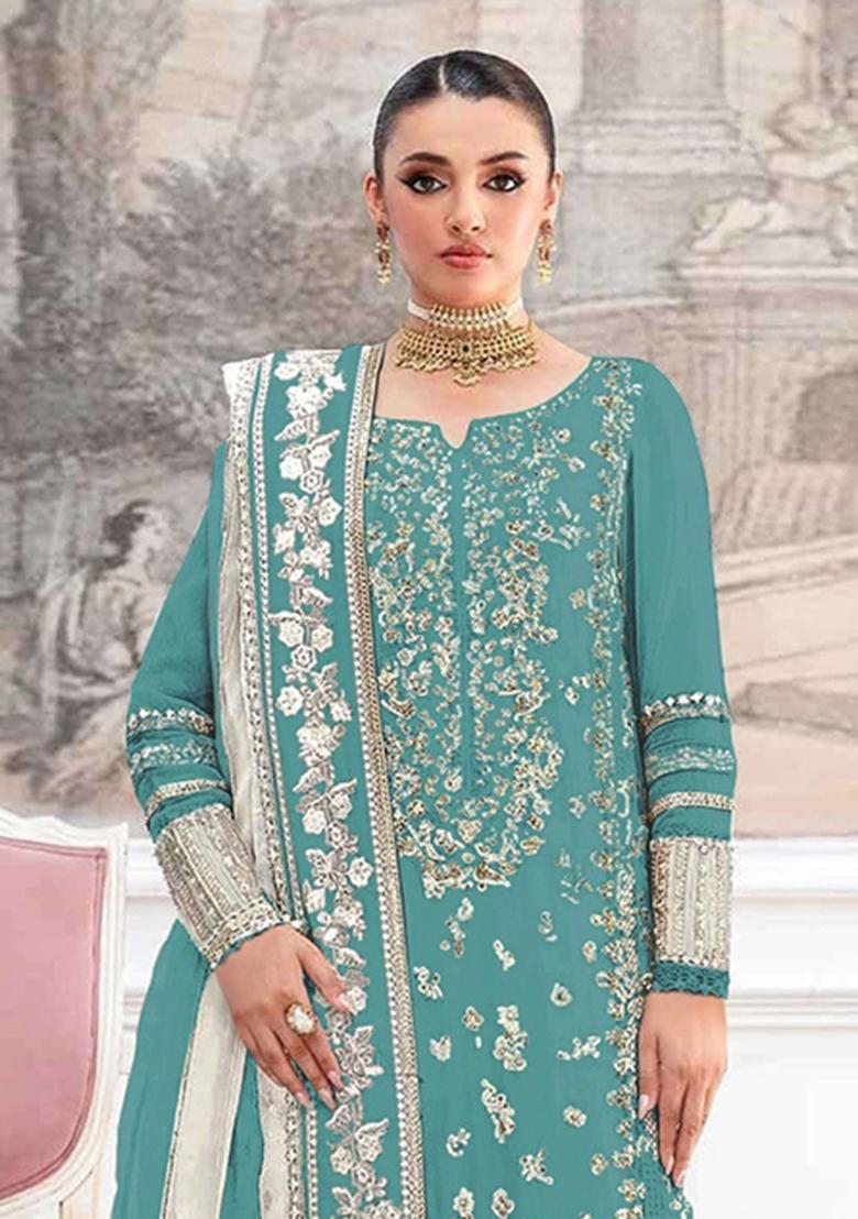 Blue Embroidery Silk Pakistani Suit Set - Indya