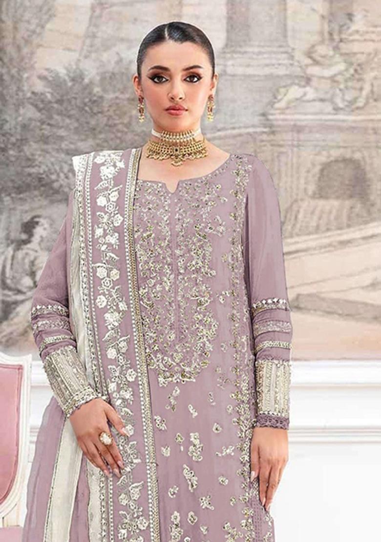 Lavender Embroidery Silk Pakistani Suit Set - Indya