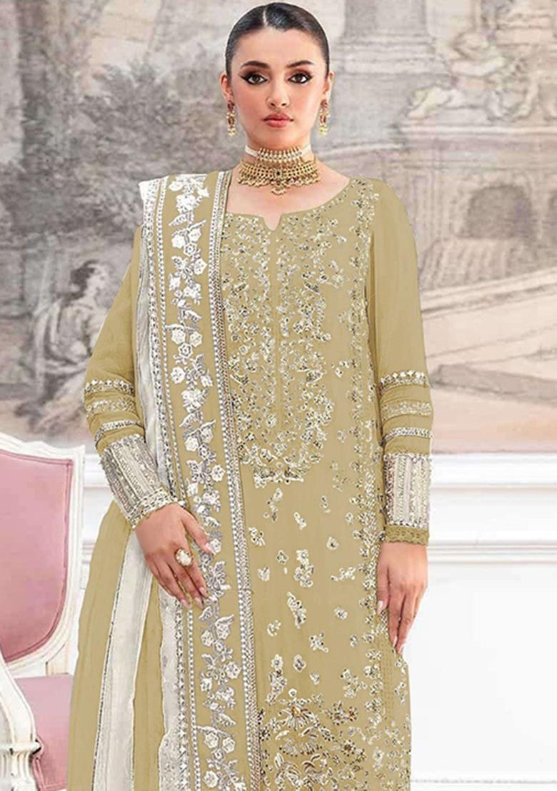 Mustard Embroidery Silk Pakistani Suit Set - Indya