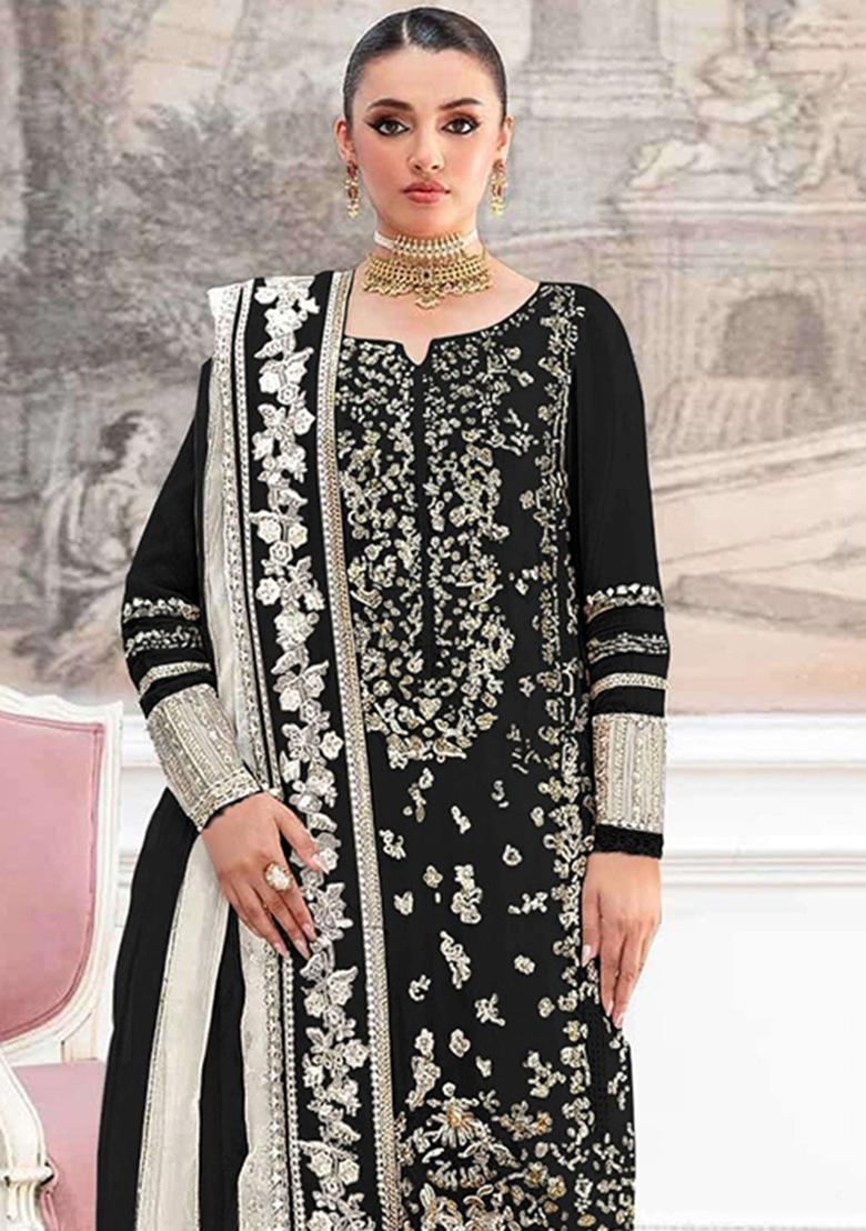 Black Embroidery Silk Pakistani Suit Set - Indya