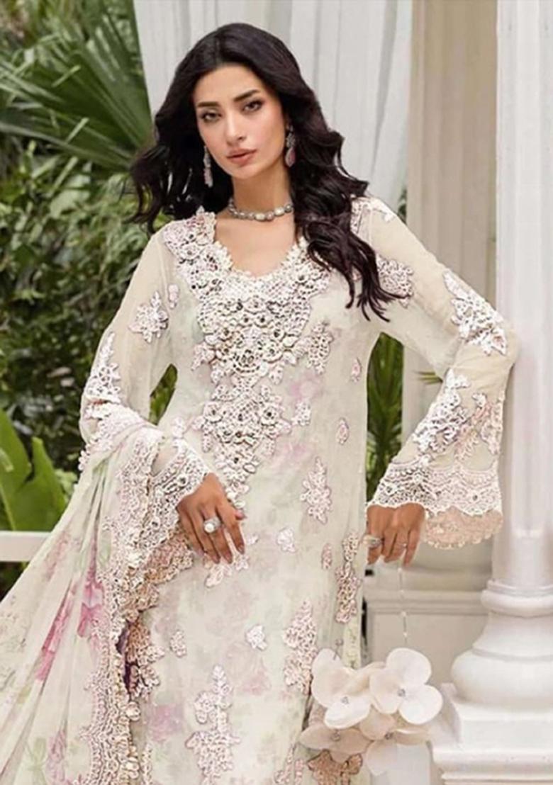 Off White Embroidery Chiffon Pakistani Suit Set - Indya