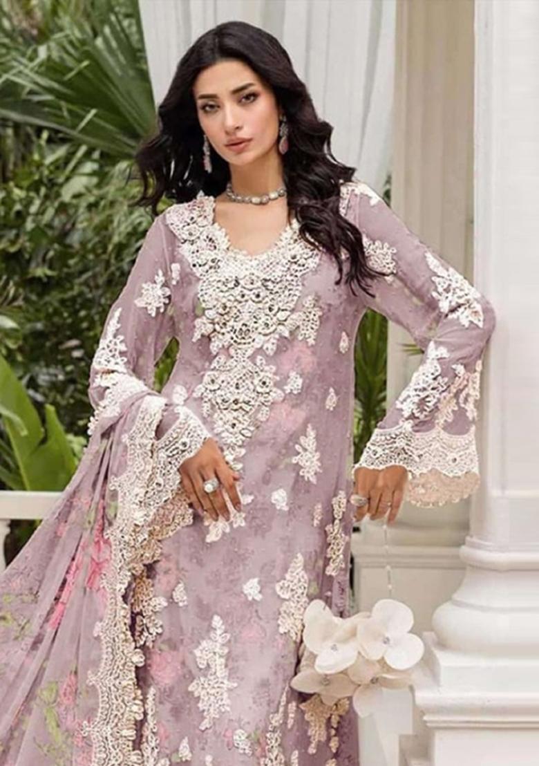 Lavender Embroidery Chiffon Pakistani Suit Set - Indya