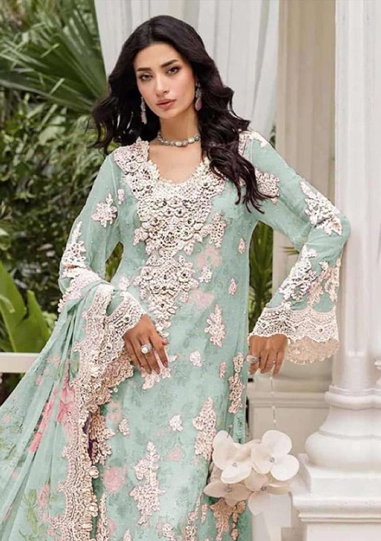 Sky Blue Embroidery Chiffon Pakistani Suit Set - Indya