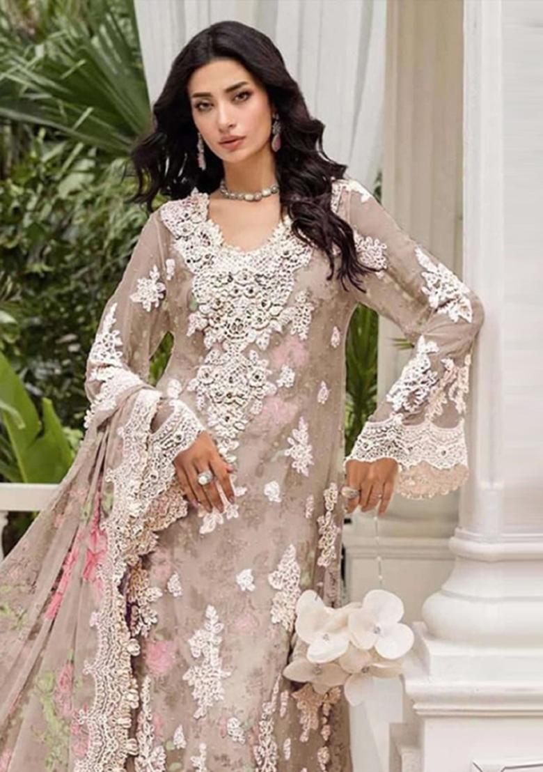 Beige Embroidery Chiffon Pakistani Suit Set - Indya