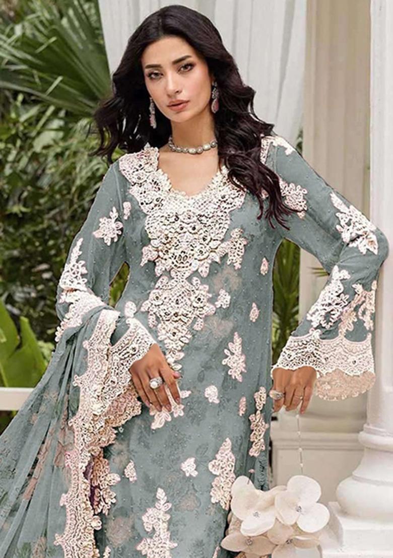 Grey Embroidery Chiffon Pakistani Suit Set - Indya