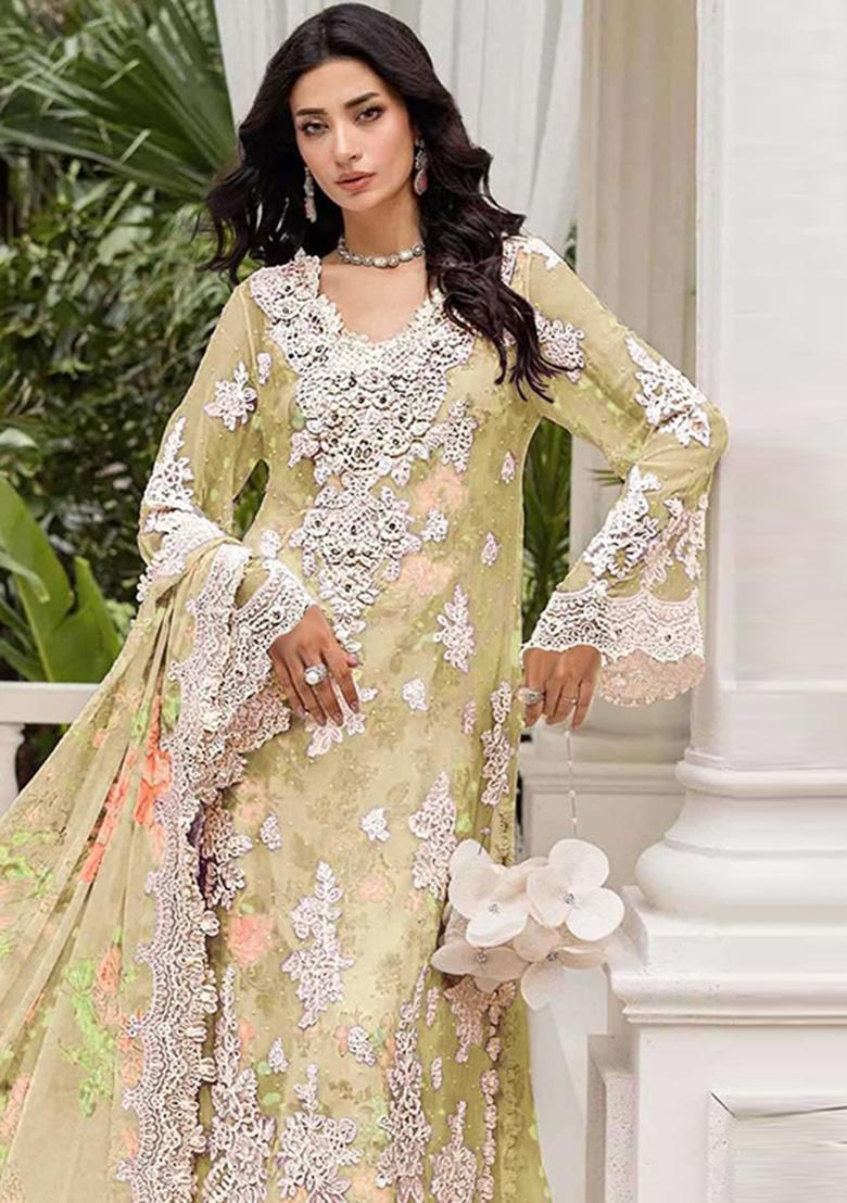 Yellow Embroidery Chiffon Pakistani Suit Set - Indya