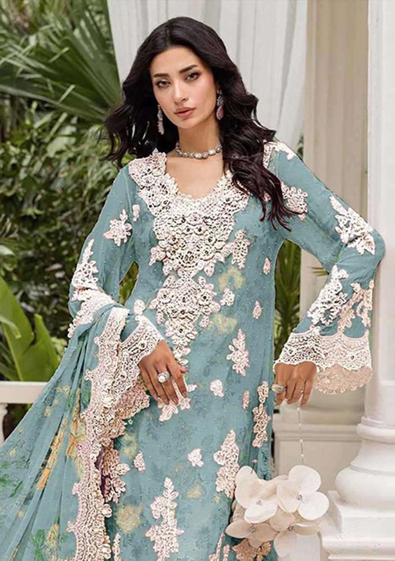 Blue Embroidery Chiffon Pakistani Suit Set - Indya