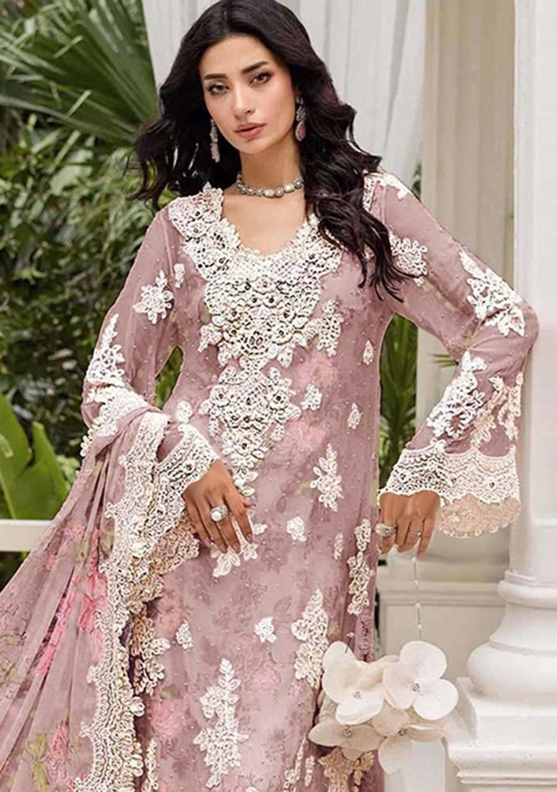 Peach Embroidery Chiffon Pakistani Suit Set - Indya