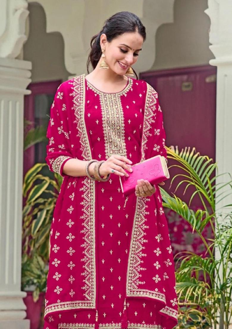 Red Embroidery Georgette Salwar Kameez - Indya