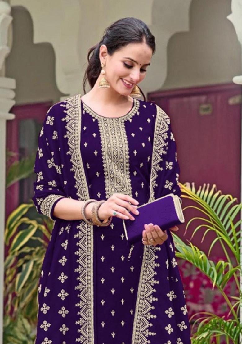 Violet Embroidery Georgette Salwar Kameez - Indya